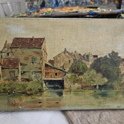 0 huile sur toile village et pecheurs