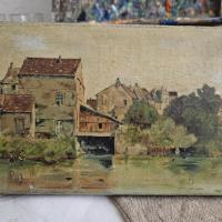 8 huile sur toile village et pecheurs